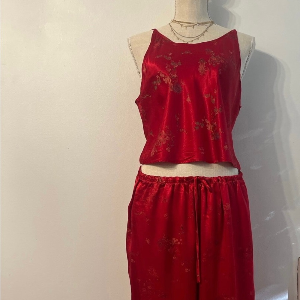 Victoria's Secret Red Satin Floral Tank & Jogger Set